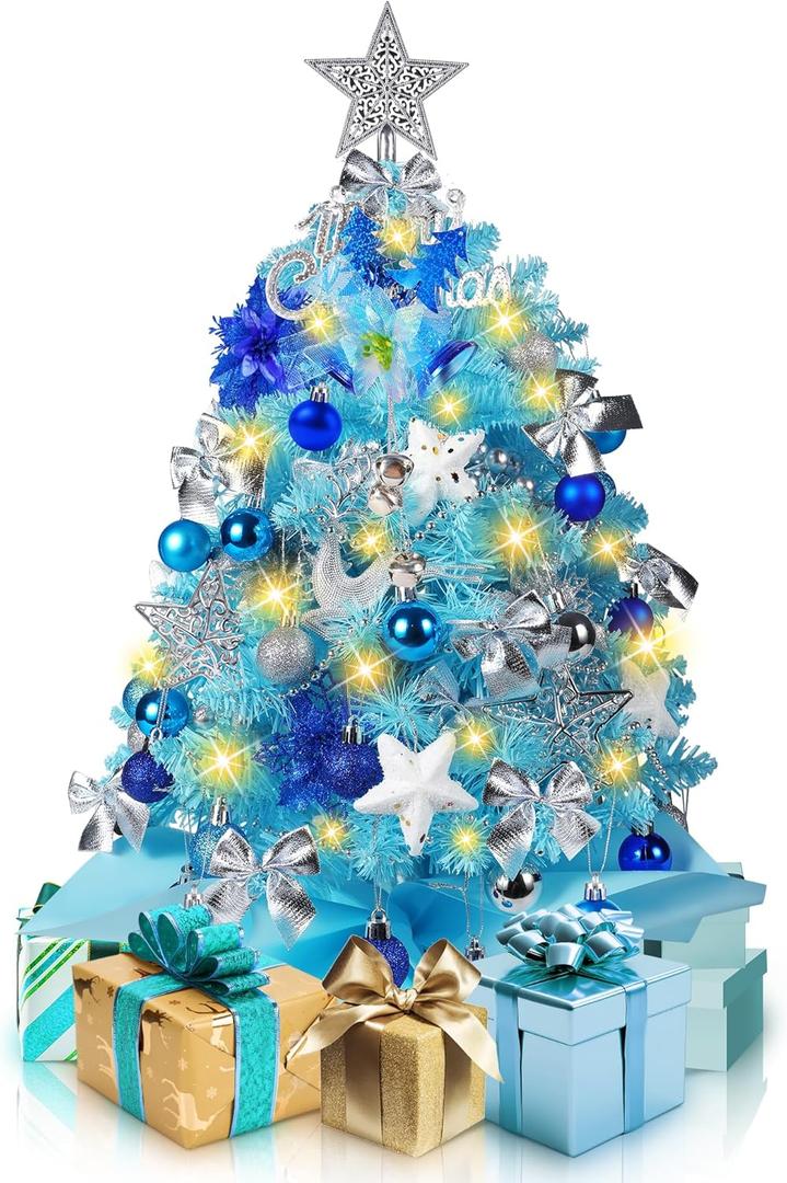 2FT Blue Christmas Tree, Mini Tabletop Christmas Tree with 60 LED Lights, 24 Inches Small Prelit Christmas Tree, 100 Lifelike Branches, 66 Ornaments, Christmas Table Decorations Indoor