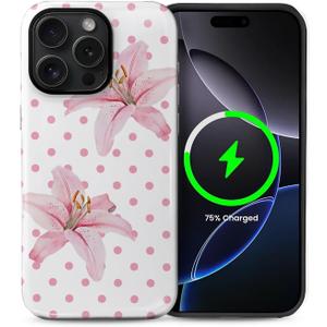 for iPhone 14 Pro Max Case,Compatible with MagSafe,Dual-Layer Hard Shell + Silicone Cover,Full Body Protection Shockproof Case for iPhone 14 Pro Max-Pink Hibiscus Dot Floral