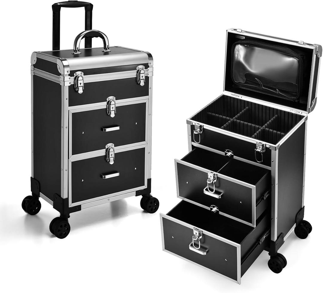Adazzo Professional Rolling Makeup Train Case with Drawers, Large Cosmetic Trolley with Locks, Cosmetics Storage Organizer Make up Case for Travel Makeup/Nail Art/Hair Styling, Matte Black