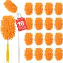16Pcs Reusable Duster Refill Compatible with Swiffer Hand Duster +3FT Extended Handle +1 Handle, 360 Heavy Duty Duster Refills for Cleaning, Office, Ceiling Fan
