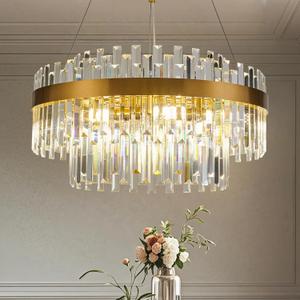 Modern Gold Crystal Chandelier, 9-Light 2-Tier Round Brushed Gold Raindrop Adjustable Flush Mount Pendant Light, E12 Base for Dining Room Living Room Foyer Entryway - 23.6" D