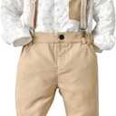 SALNIER Toddler Boy Suit Baby Boys Wedding Dress Outfit Formal Gentleman Clothes Set Dress Shirt Bowtie Suspenders Pants (12-18 Months, Beige White)