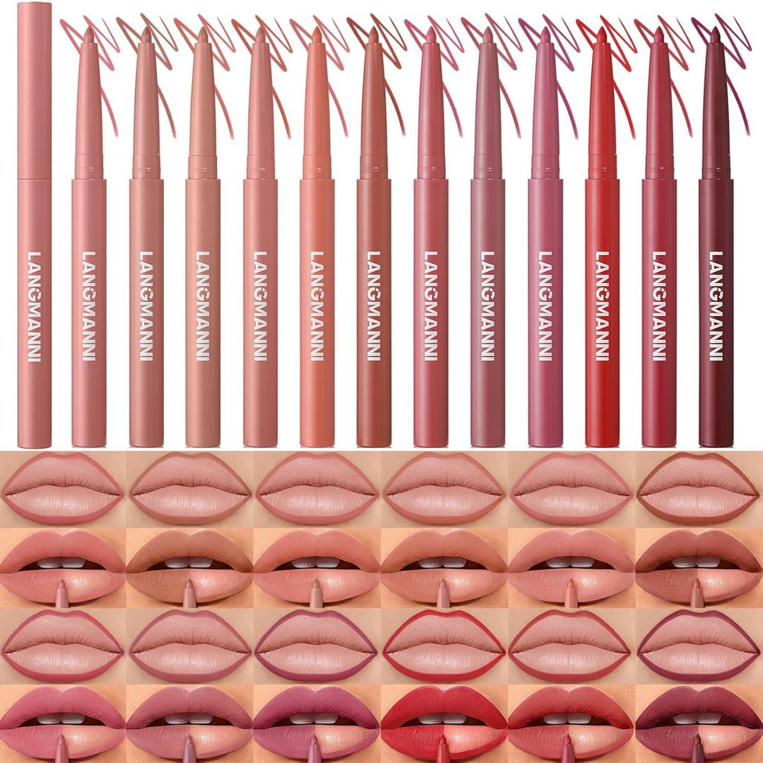 LANGMANNI 12 Colors Sculpting Matte Velvet Lip Liner Set,Smooth Creamy Texture,Waterproof And High Pigmented For Girls Daily Application Lip Makeup (0.01 Ounce (Pack of 12))
