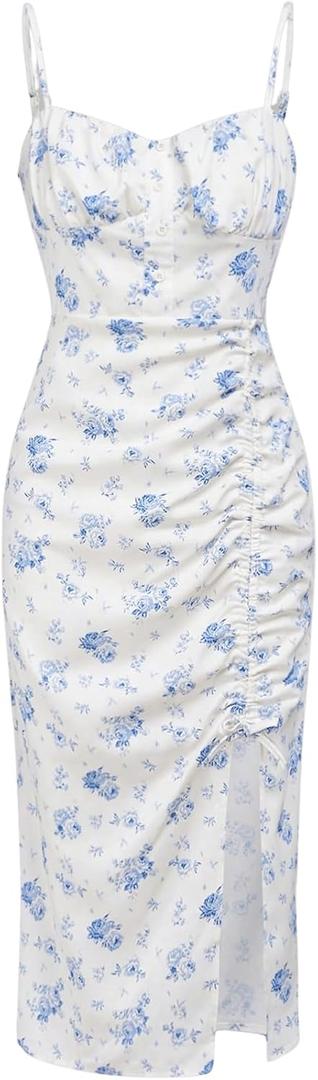 SHENHE Girl's Floral Split Thigh Ruched Spaghetti Strap Summer Cute Long Cami Dress, Size: 9 Years