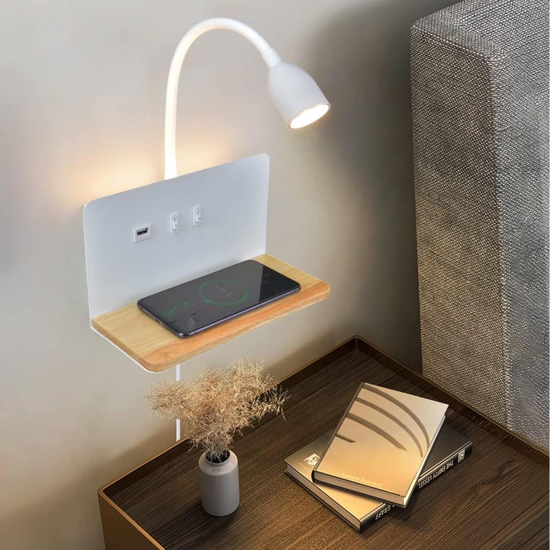 White LED Reading Wall Lights with Wireless Charging, USB Charging Port, 3-Way Dimmable Wall Sconce Bedroom, Hardwire or Plug-in, Bedside Wall Mounted Light with Flexible Gooseneck Headboard Bed Light