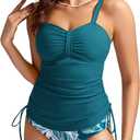 Kate Kasin Tankini Swimsuits for Women Tummy Control Bathing Suits Two Piece Ruched Drawstring Swimwear Swim Top with Bottom (Large, Peacock Blue-leaves)