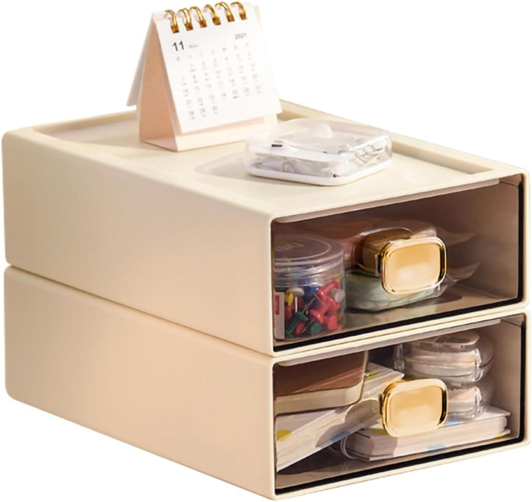 2PACK Stackable Desktop Storage Organizer Plastic Desk Organizer with Drawer Stacking Drawer for Pantry, Locker, Makeup, Vanity, Garage and Small Organization(M - 1 Drawer, Cream White)