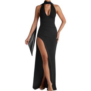 Memoriesea Women's Sexy Halter Neck Sleeveless Backless Ruched Formal Party Maxi Dress (Medium, Black)