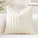 OTOSTAR Cream White Faux Rabbit Fur Decorative Throw Pillow Cover 20x20 Inch Soft Cozy Plush Striped Pillowcase Velvet Cushion Cover for Sofa Couch Bed Living Room