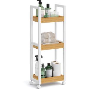 SONGMICS Bamboo Rolling Cart, 3-Tier Utility Cart on Wheels, Slim Narrow Storage Shelf, Bamboo Shelves, Space-Saving, Multifunctional, for Bathroom, Kitchen, White and Natural UBCB083N02