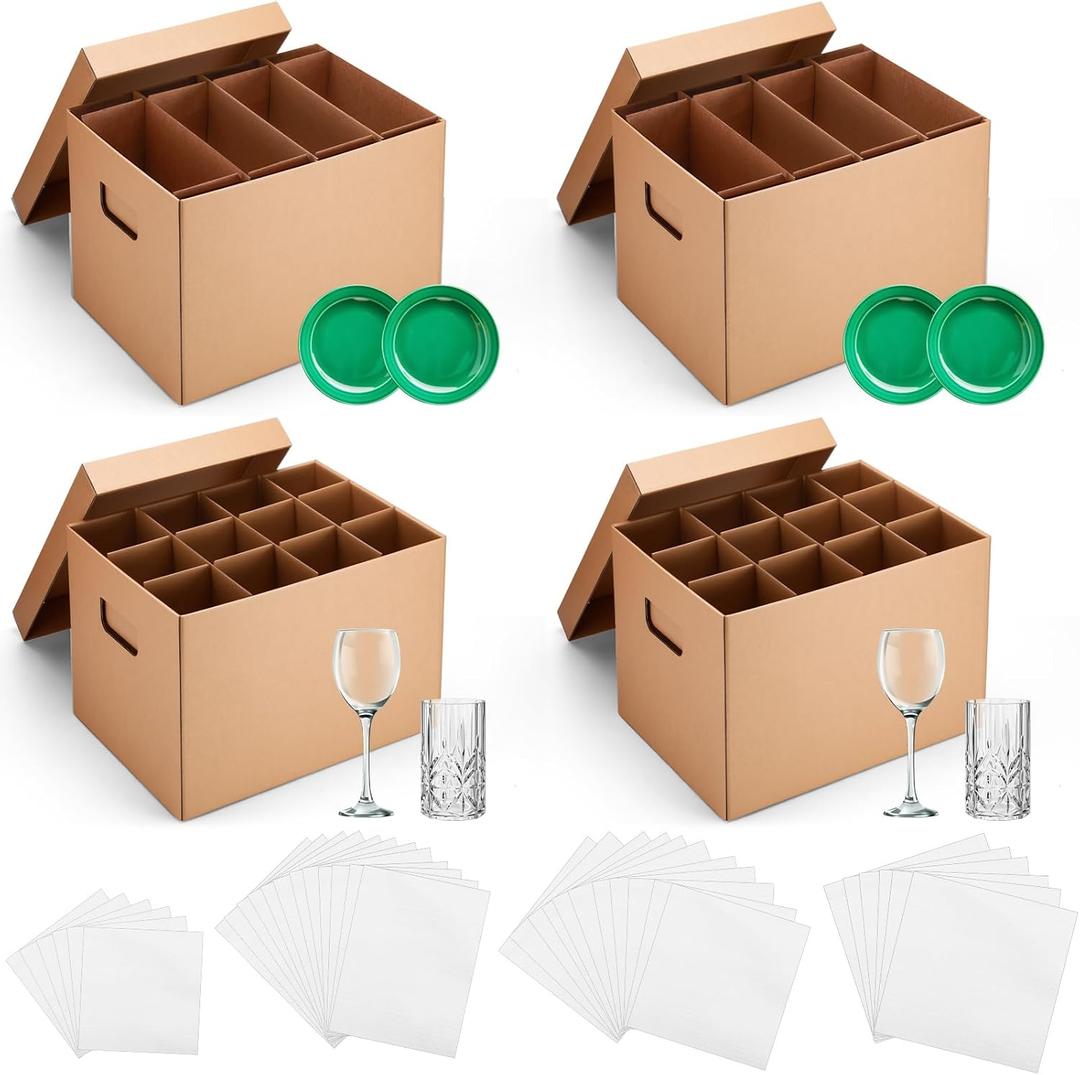 2 Sets Kitchen Moving Boxes with Divider Kits for Dish Glassware Wine Glass Packing with Handle Included 15 x 12 x 10 Inch Cup and Plate Box, Corrugate Dividers, Foam Pouches