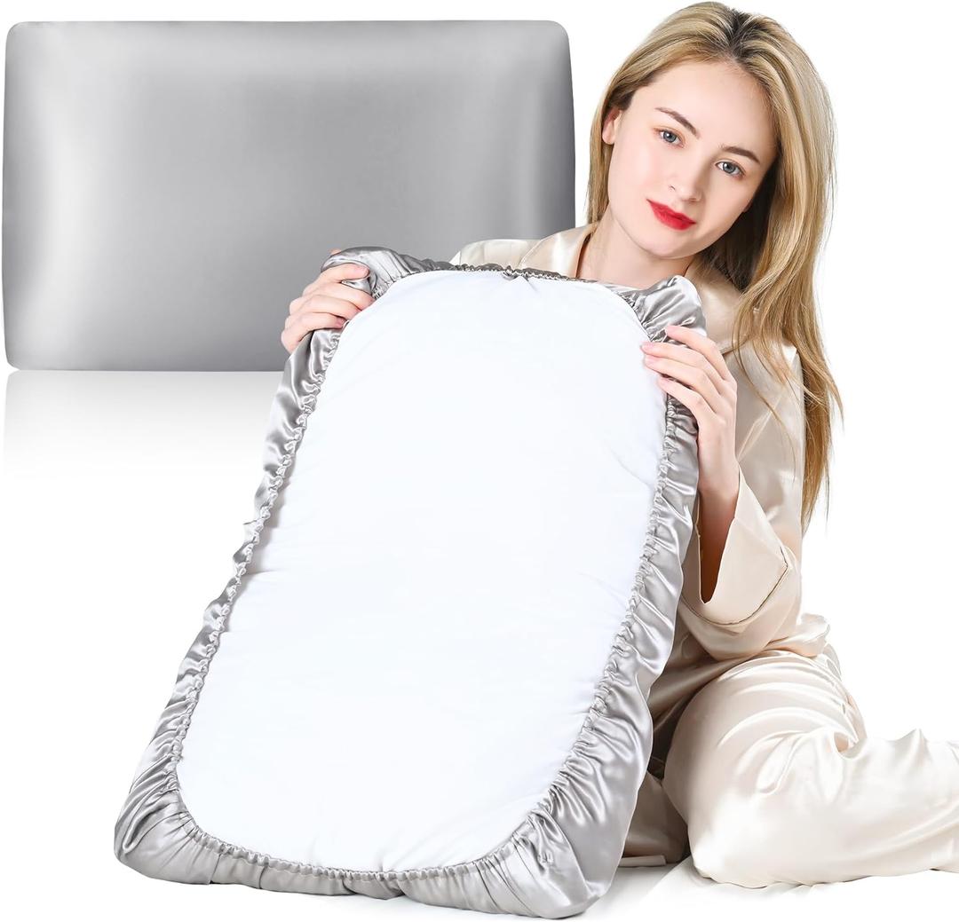 19 Momme 100% Mulberry Silk Pillowcase (Pillow Cap Style) Standard & Toddler Size, Easy On/Off for Travel & Home, Cooling Smooth for Hair & Skin, Quick-Dry,Silver Gray