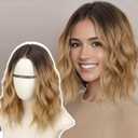 AISI HAIR 14 Inch Dark Brown Ombre Blonde Wigs for Women - Shoulder Length Wave Wig with Pre-Cut Lace Hairline, Middle Part Natural Wavy Bob Synthetic Heat Resistant Fiber for Daily and Party