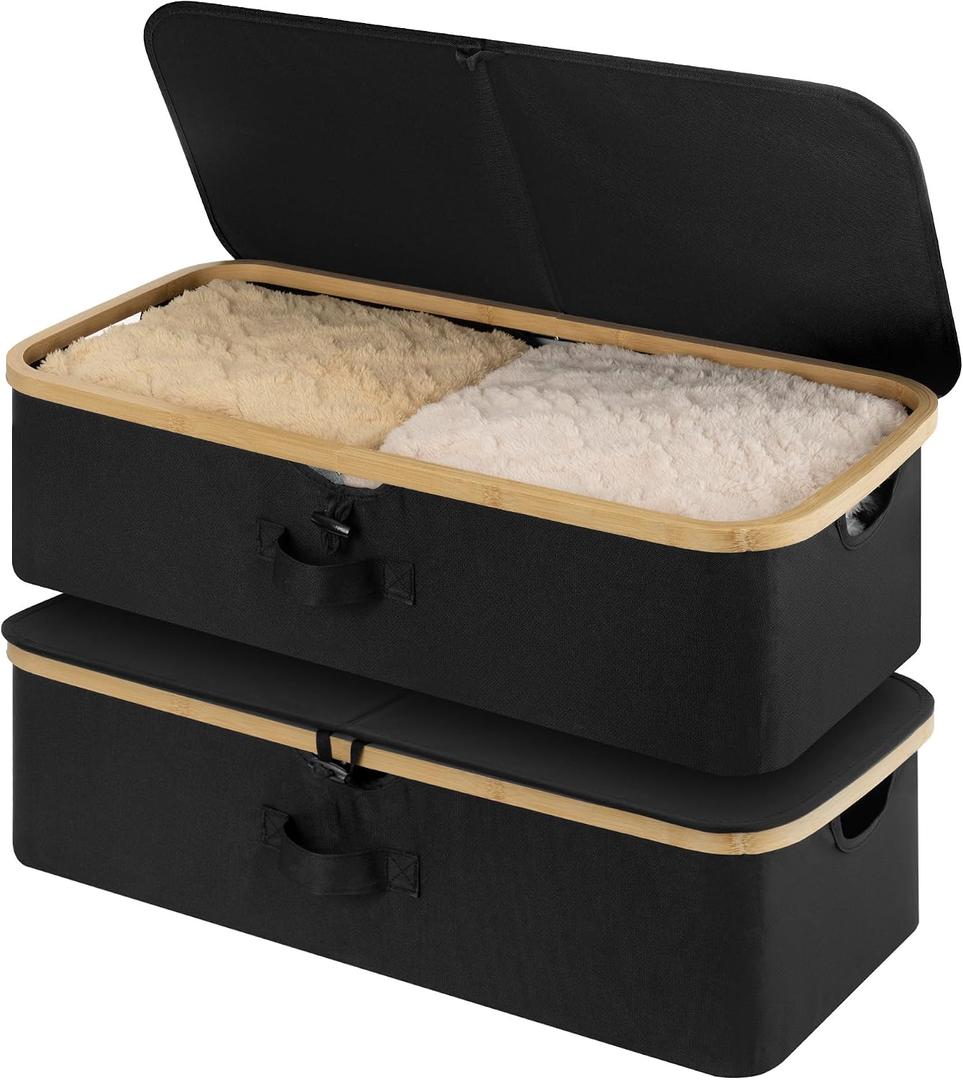 StorageWorks Underbed Storage Containers with Lids, 2-Pack 7" Low Profile Under Bed Storage Box with Bamboo Frame for Clothes, Bedding, Blankets and Shoes, 42L Sturdy Fabric Organizer, Black