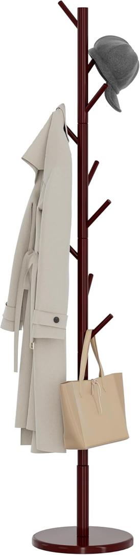 Wooden Freestanding Coat Tree with 4 Height Options and 9 Hooks, Sturdy Coat Rack Stand for Clothes/Bags/Hats, Easy Assemble Save Space Coat Rack for Entryway, Bedroom, Office, Narrow Place (Brown)