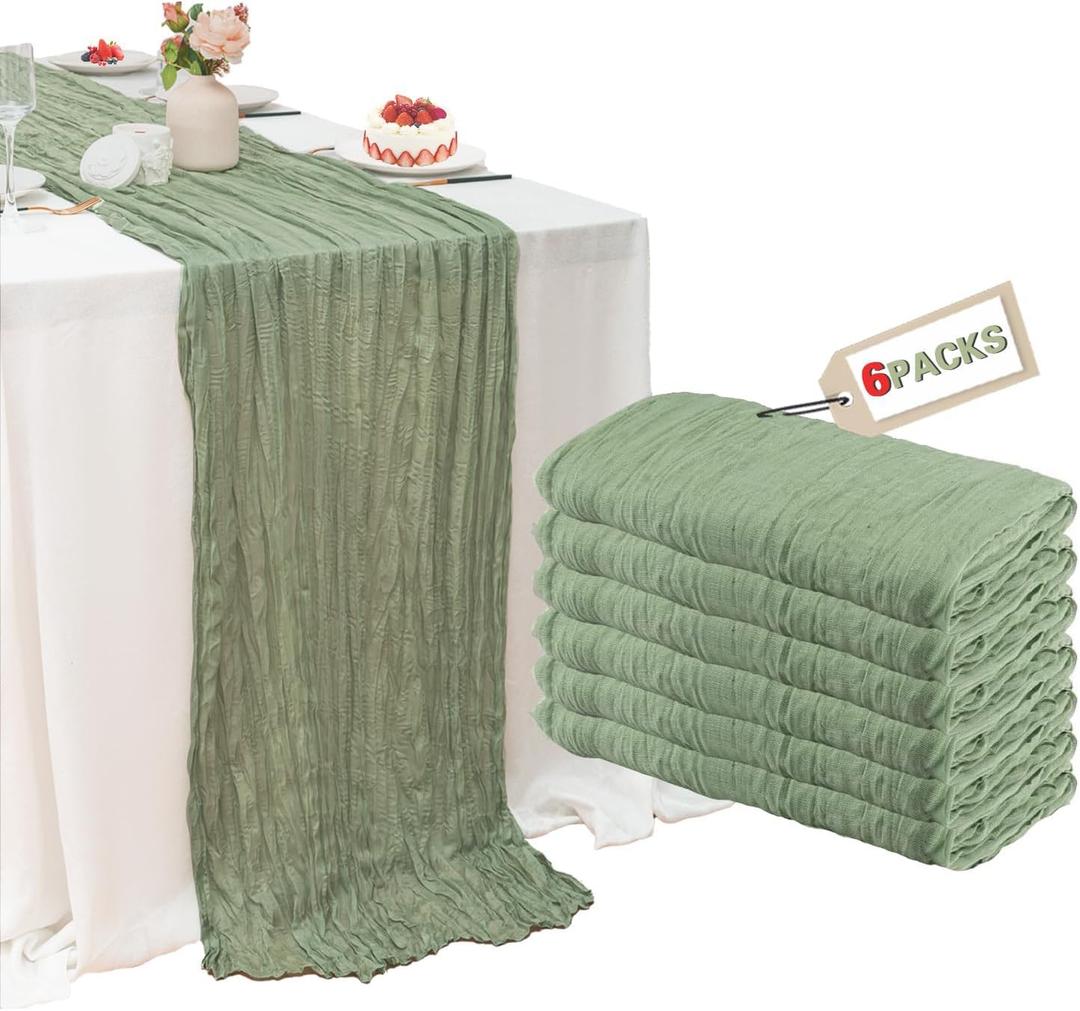 6 Pack Sage Green Cheesecloth Table Runner, 120 Inch Spring Boho Gauze Table Runners, Rustic Sheer Cheese Cloth Table Runners for Wedding, Baby Shower, Birthday Party, Home Decor