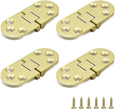 SHRJ 4 Pcs Brass Butler Tray Hinge Round Edge, 180 Degree Folding Flip Top Ellipse Table Clamshell Hinge for Folding Furniture Sewing Machine with Screws