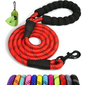 Taglory Rope Dog Leash 6 FT with Comfortable Padded Handle, Highly Reflective Threads Leash and Anti-Tangle Clip for Walking Medium Large Dogs, 1/2 inch, Red