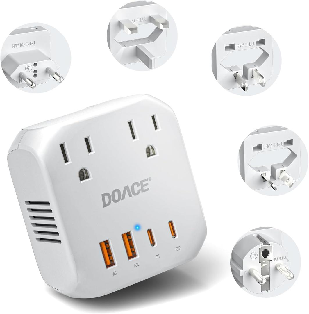 DOACE 2000W 220V to 110V Converter for European Travel for Hair Dryers, Voltage Converter US to Europe with Fast Charging Power Converter Adapter Combo with 4 USB Ports Step Down Transformer (White)