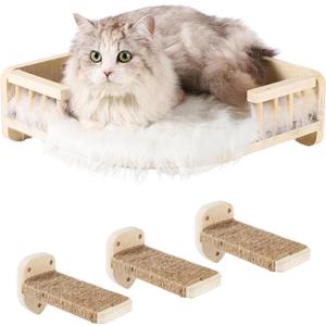Cat Wall Shelves with 3 Steps Scratch Post, Climbing Shelf and Hammock for Indoor Cats (Wood 2 )