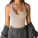 GTEUKTG Women's Spaghetti Strap Scoop Neck Tank Top Racerback Slim Fitted Ribbed Camisole Solid Basic Workout Crop Cami (Beige, XL)