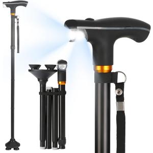Parlora Walking Cane with LED Light - Foldable, Adjustable, Collapsible, Free Standing Cane, Pivoting Quad Base, Folding Canes for Seniors & Adults [Alloy Base]