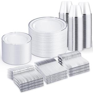 WELLIFE 600 PCS Silver Disposable Dinnerware Set for 100 Guests, Wedding Reception Plates & Silver Plastic Tableware, Dinner & Salad Plates, Cups, Forks, Knives & Spoons for Weddings & Elegant Events