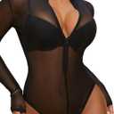 Avidlove Womens Mesh Bodysuit Long Sleeve Snap Crotch Bodysuit See Through Zipper Sheer Leotards Sexy Bodysuit Tops (Black) XL