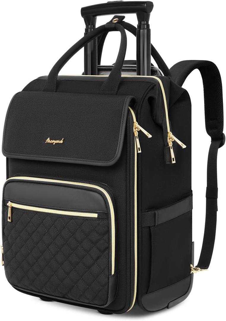 Arcoyard Rolling Backpack for Women, Travel Rolling Laptop Backpack with Wheels, Vertical & Horizontal Storage 2 In 1, Flip-Top Design, Water-Resistant Overnight College Underseat Carry on Luggage (Black)