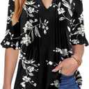 KISSMODA Womens 3/4 Length Sleeve Tops Summer Blouses Spring Ruffle Tunic T-Shirts Dressy Casual (Black, L)