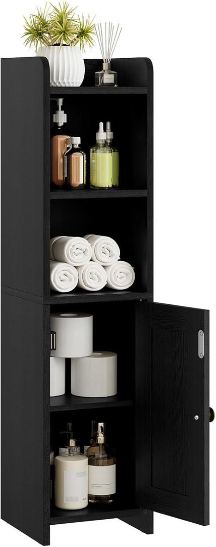 Lomojo Small Bathroom Storage Cabinet, Toilet CabinetFreestanding Bathroom Organizer for Small Spaces, Narrow Toilet Paper Corner Floor with Door and Shelves,Black, 7.87"D x 7.87"W x 30.9"H