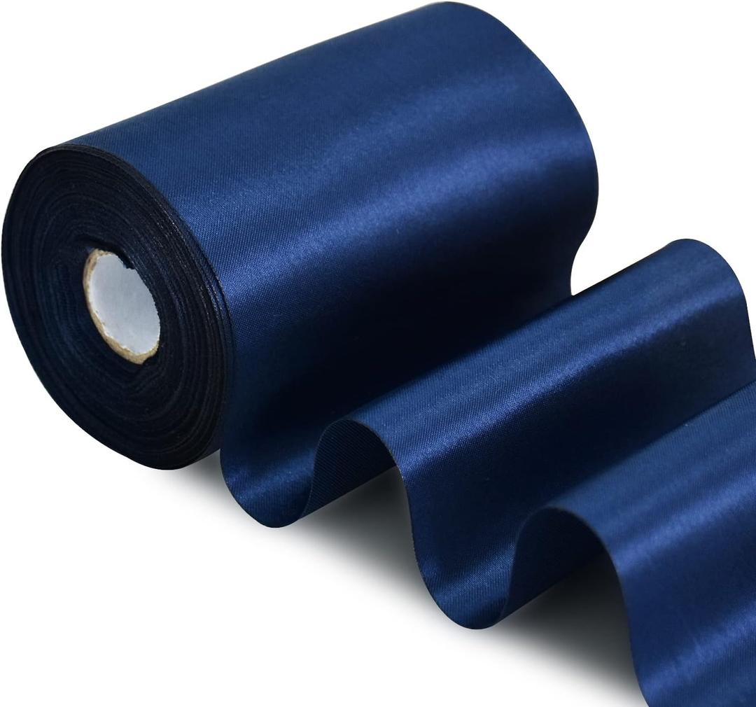 TONIFUL 4 in x 22Yds Wide Navy Blue Satin Ribbon Solid Fabric Large Ribbon for Cutting Ceremony Kit Grand Opening Chair Sash Table Hair Car Bow Sewing Craft Gift Wrapping Wedding Party Decoration