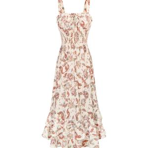 GRACE KARIN Women's 2025 Summer Floral Boho Dress Square Neck Strapped Swing A Line Sundress Beach Long Maxi Outfits Medium, Beige  