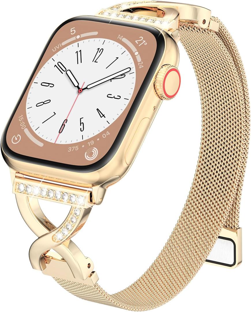 BRG Thin Mesh Loop Compatible with Apple Watch Bands for Women 40mm 41mm 38mm 42mm Series 11 10, Metal Magnetic Stainless Steel Strap with X-Shape Diamond Clasp for iWatch Bands