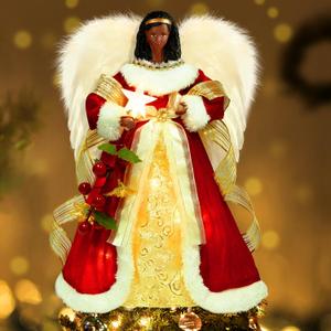 Christmas Tree Topper Angel with Lights, Xmas Tree Toppers Decorations with Timer, 12.5in Lighted Treetop Ornaments for Indoor Holiday Decor (Red)