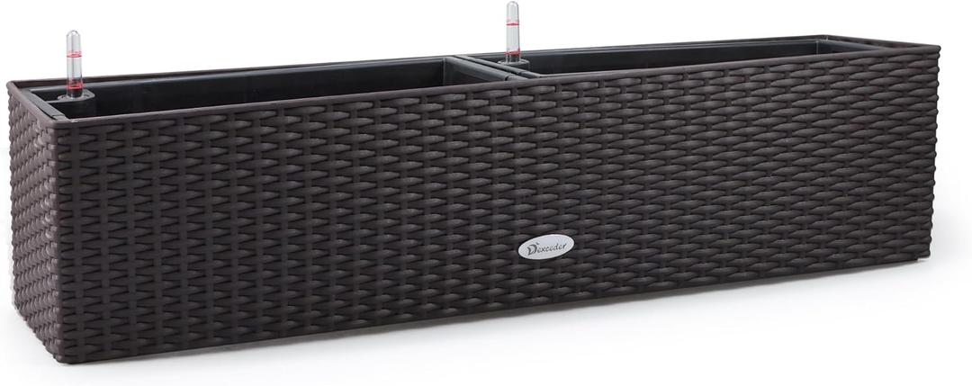 Dexceder 31.5 Inch Rattan Self Watering Planter Indoor Outdoor, Thickened Large Rail Flower Plant Pot Window Box with Water Level Indicators (Brown) (80 without Bracket)
