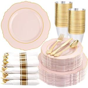 Liacere 350PCS Pink Plates Disposable - Pink and Gold Plates 50guest Baroque Plastic Dinnerware include 100Plates, 50Pack Pre Rolled Napkins with Silverware 50Cups Perfect for Wedding＆Mother's Day