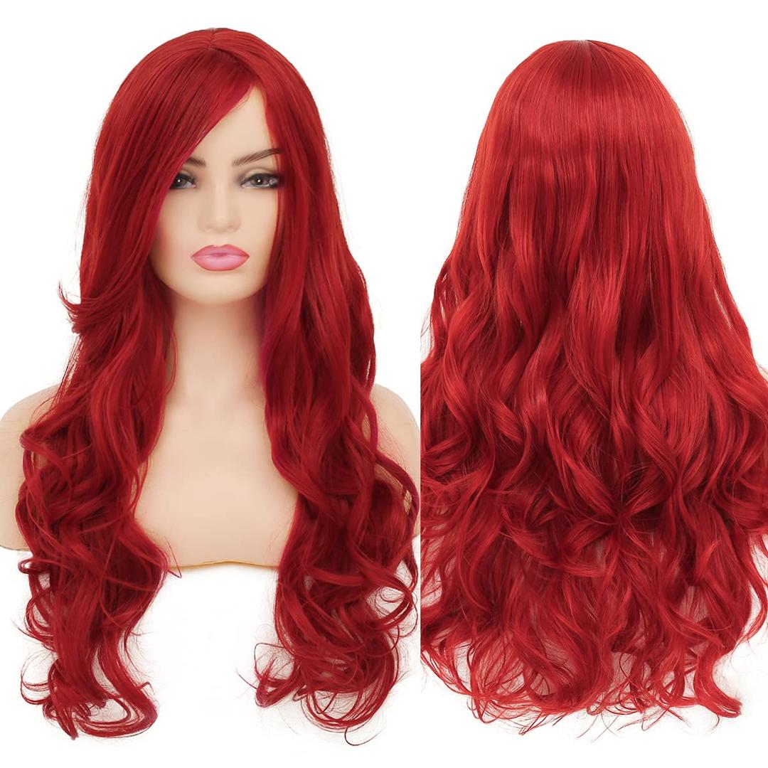 Womens Long Curly Wavy Red Wig Body Wave Side Part Synthetic Hair Full Wig for Daily Party Cosplay Halloween