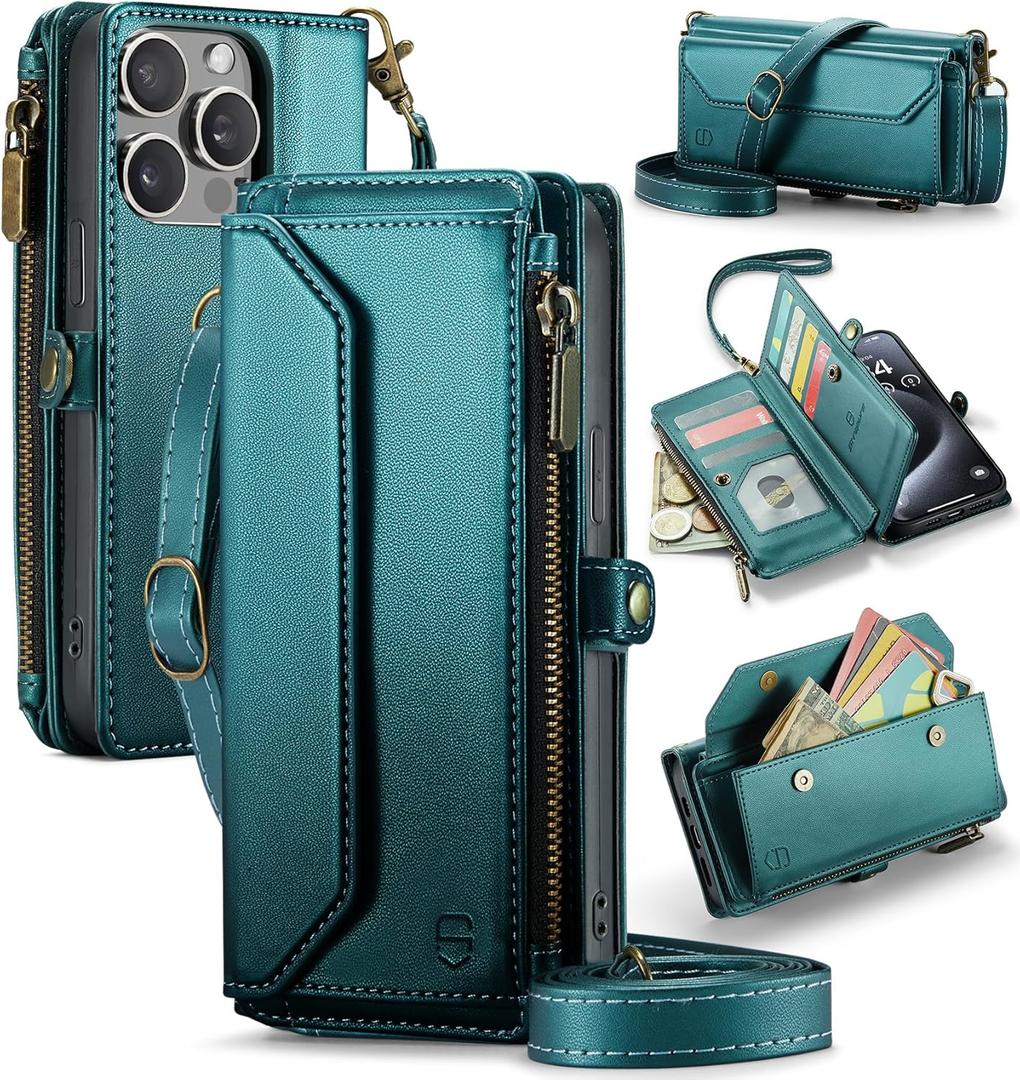 Strapurs Wallet Case Compatible with iPhone 15 Pro Max RFID Blocking 10-Card Holder Soft PU Leather Magnetic Snap Shoulder Strap Zipper Pocket Phone Case Fit for iPhone 15 Pro Max 6.7" - Blue Green
