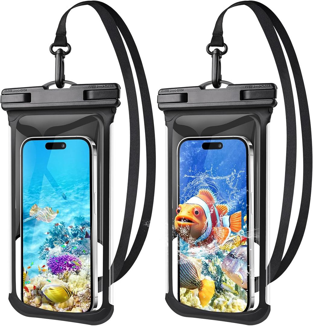 2 Pack Waterproof Phone Pouch- 3D Design Cellphone Dry Bag [Beach Cruise Essentials], IPX8 Waterproof Phone Case for 16/15/14/13/12/11 Pro Max Plus Samsung Up to 7.5", Black+Black