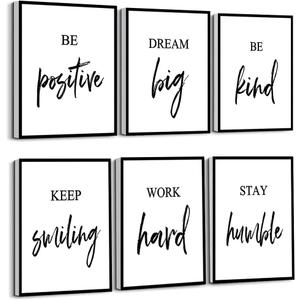 Inspirational Wall Art, Framed Motivational Canvas Wall Art Positive Quote for Living Room Bedroom Office, Stretched Ready to Hang (Set of 6, 8X10in, Framed) (Black and White)