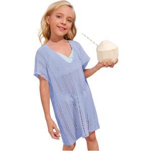 SOLY HUX Girl's V Neck Crochet Short Sleeve Beach Dress Summer Swimsuit Bikini Cover Up (8Y, Solid Light Blue)