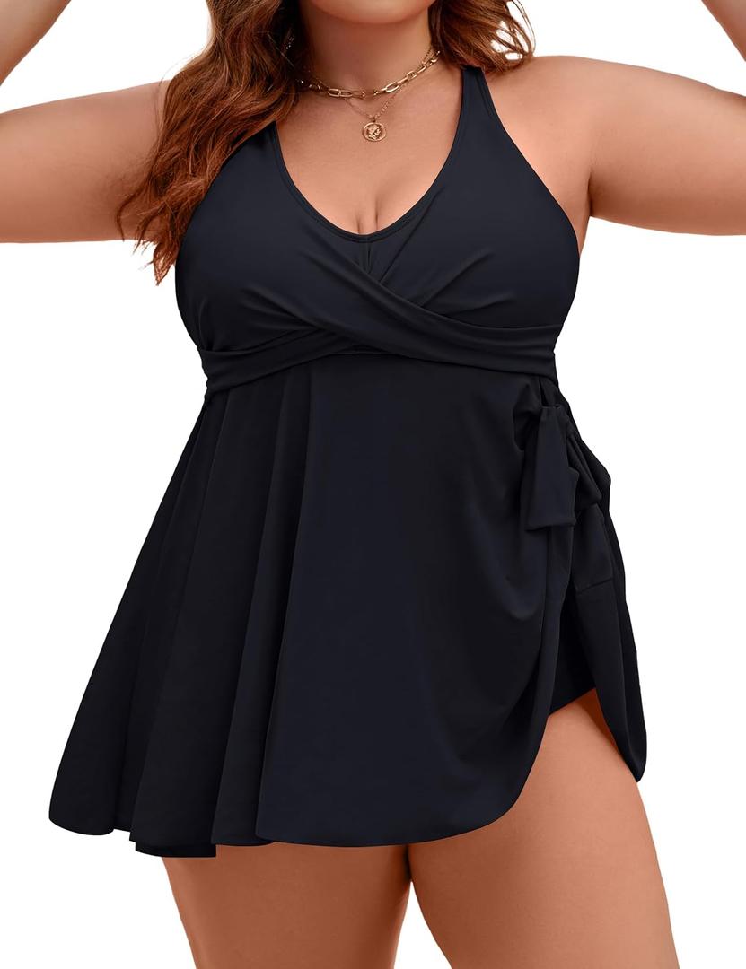 Edelqual Plus Size Tankini Swimsuits for Women Two Piece Tummy Control Bathing Suit Swim Dress Swimwear Full Coverage Swimdresses with High Waist Shorts (Black,3XL)