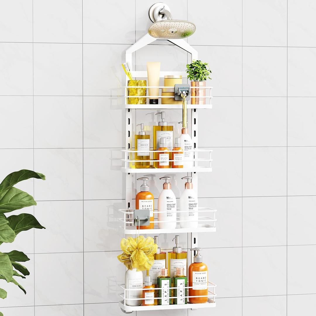 ODesign 4 Tier HeightAdjustable Shower Caddy Hanging AntiSwingOver The Shower Head CaddyStorage Organizer Bathroom Shelves BasketWhite