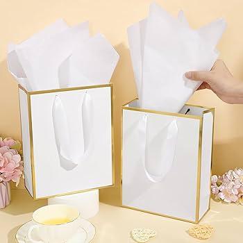 Yeaqee 100 Pack Metallic Gift Bags with Handle and Tissue Paper Gold Foil Thank You Bag for Graduation Wedding Groomsmen Bridal Baby Shower Gifts Holiday Party Favors 9x7x3.15'' (White)