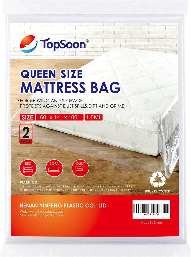 TopSoon 2PK Mattress Bag  Clear Plastic Mattress Disposal Bag  Moving & Storage Cover for Mattress or Box Spring  Heavy-Duty Mattress Moving Supplies (1.5mil,Queen 60" x 14" x 100")