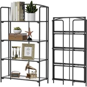 Crofy No Assembly Folding Bookshelf for Living Room, 4 Tier Black Collapsible Book Shelf for Home Office, Portable Bookcase Storage Organizer