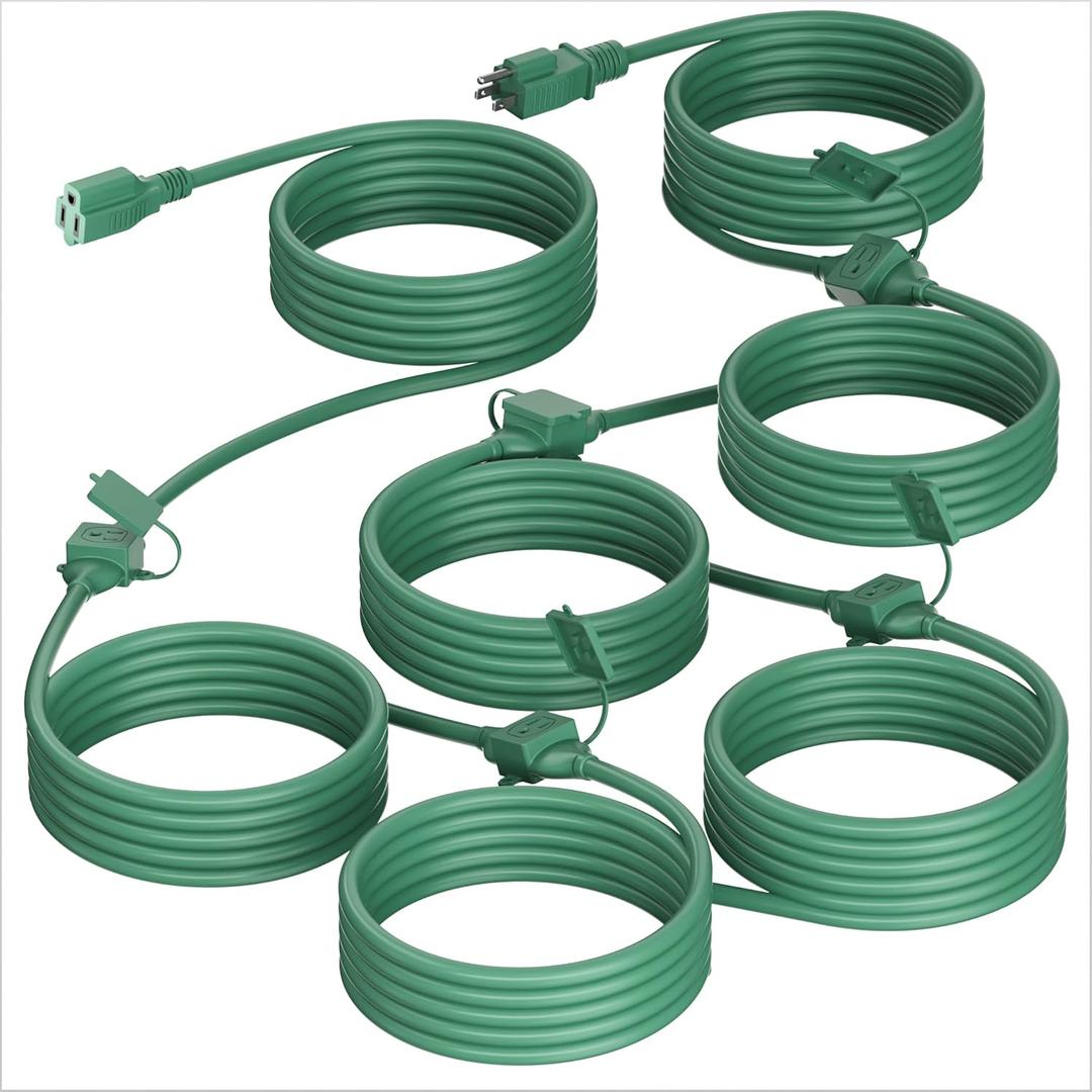 50 FT Green Outdoor Extension Cord with Multiple Outlets, 16/3 Gauge Outdoor Green Extension Cord Evenly Spaced 6 Outlets Plugs Waterproof, 13AMP 1625W 125V 16AWG SJTW, ETL Listed