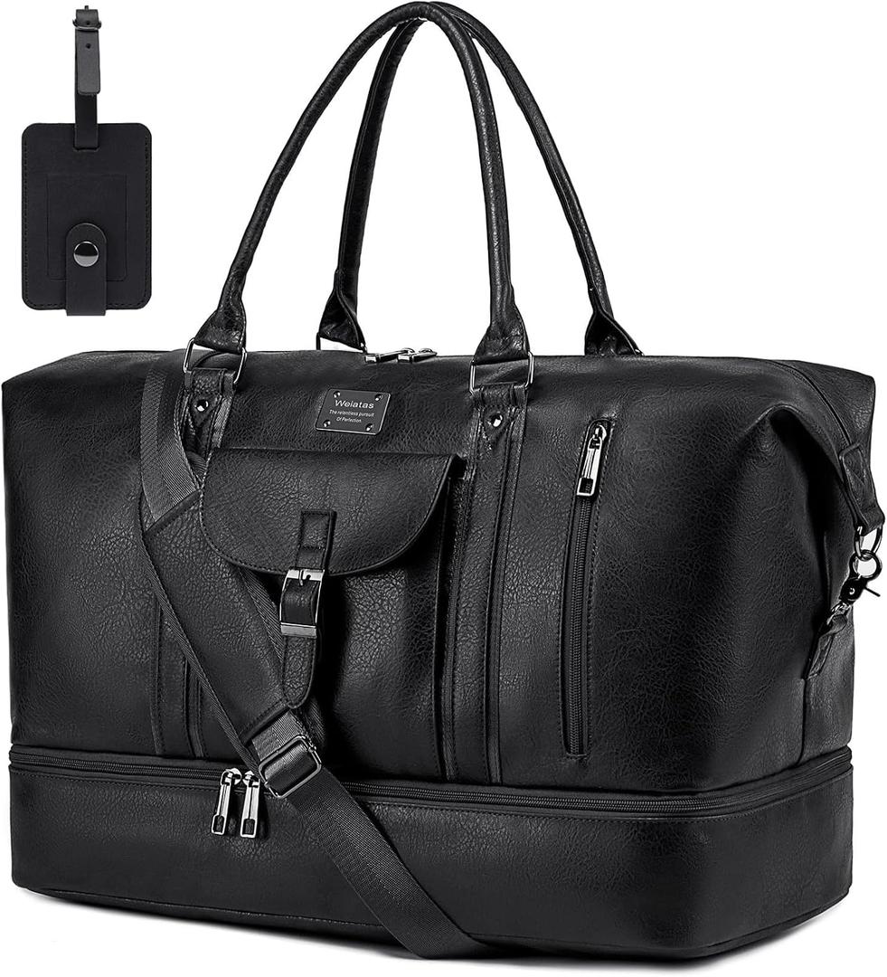 weiatas Faux Leather Travel Duffel Bag for Women Men, Large Weekender Overnight Bag with Shoes Compartment, Waterproof Carry On Bag Travel Tote Bag Gym Bag with Luggage Strap (Black)