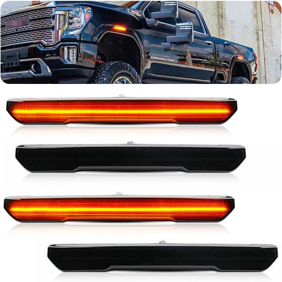 4 PCS Smoked LED Side Marker Light for Sierra 2500HD 3500HD 2020-2024, Full LED Strip Amber Front & Amber Rear Bumper Light, Pickup Truck Fender Driver Passenger Sidemarker Lamps, Car Accessory